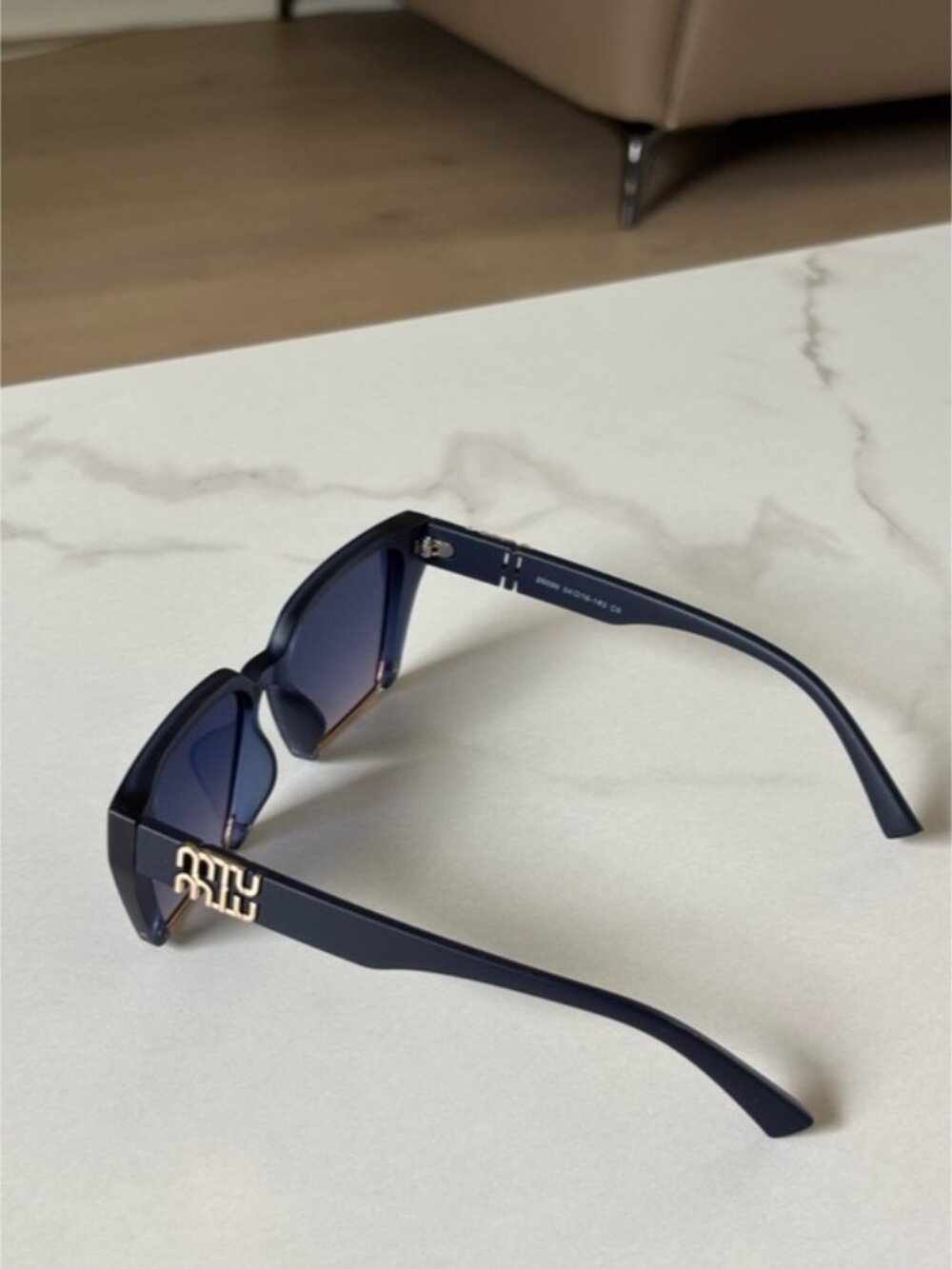 Miu Miu Dark Blue Gradient Oversized Square Sunglasses with Gold Temple Detail - Picture 4 of 4